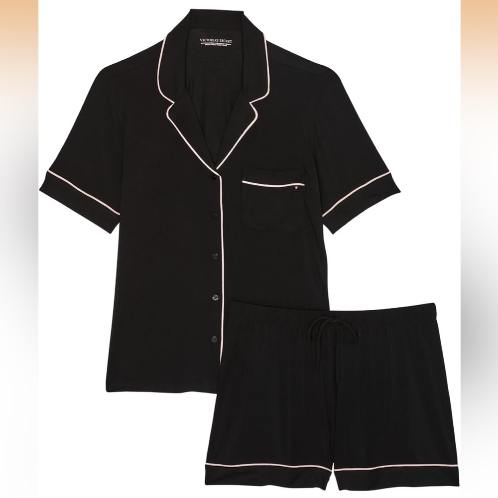 NWT New with Tags Victoria’s Secret Black with Pink Modal Top Shorts Pajama Set - Picture 4 of 5